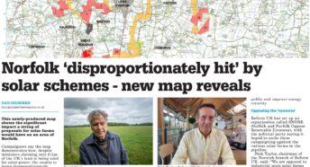 A clipping from the Eastern Daily Press dated 12th January 2026 with an article showing CPRE Norfolk's map of proposed solar farms